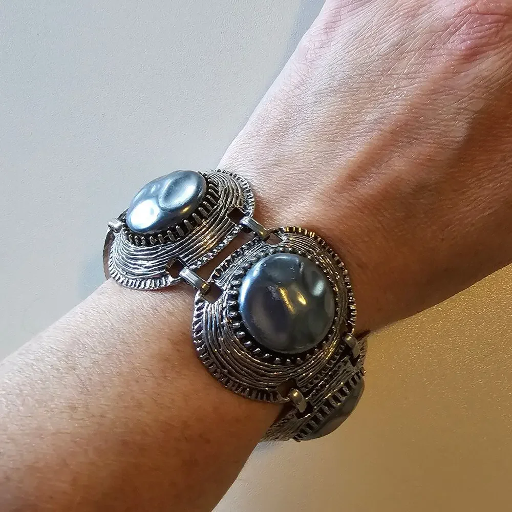 Vintage Oversized Chunky Silver Cabochon Chain Link Bracelet